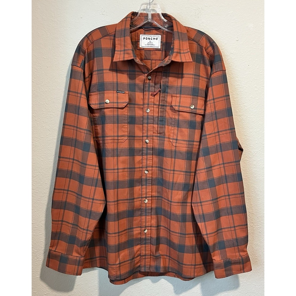 Poncho Men's Midweight Flannel Shirt XL The Stonington Plaid Check Red Gray Flaw